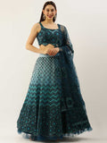 Women Teal Net Embroidered Sequins Semi Stitched Lehenga Choli