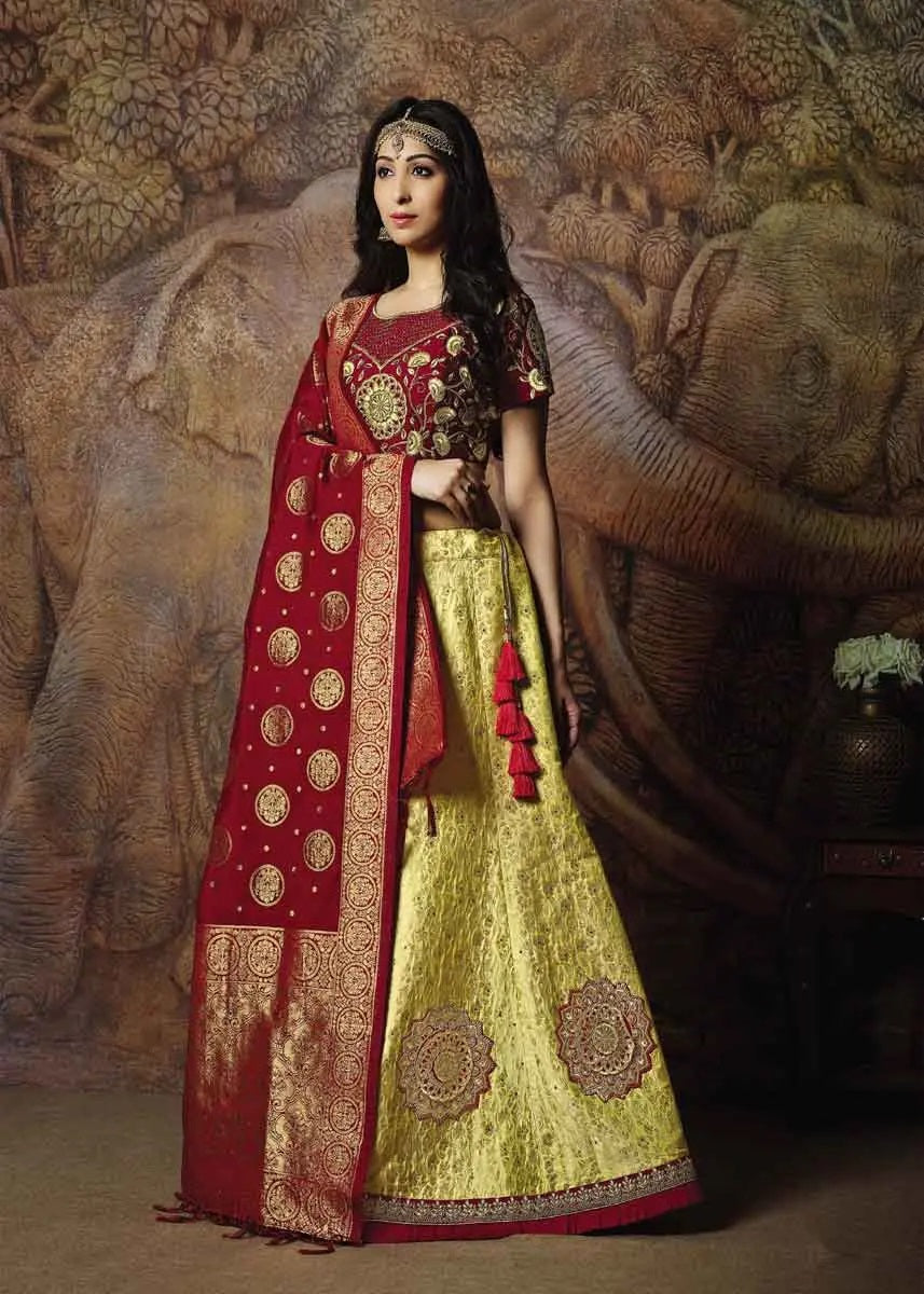 Yellow Color Embroidered Weaved Jacquard Silk Lehenga Choli For Women