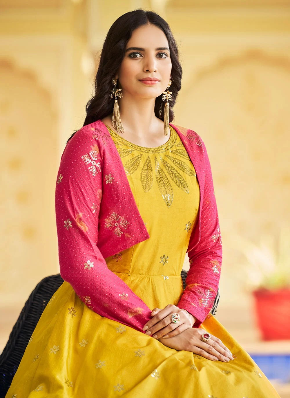 Yellow Cotton Embroidery Gown With Koti