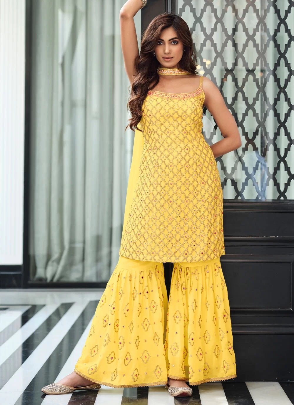 Yellow Georgette Embroidered Sharara Salwar Suit