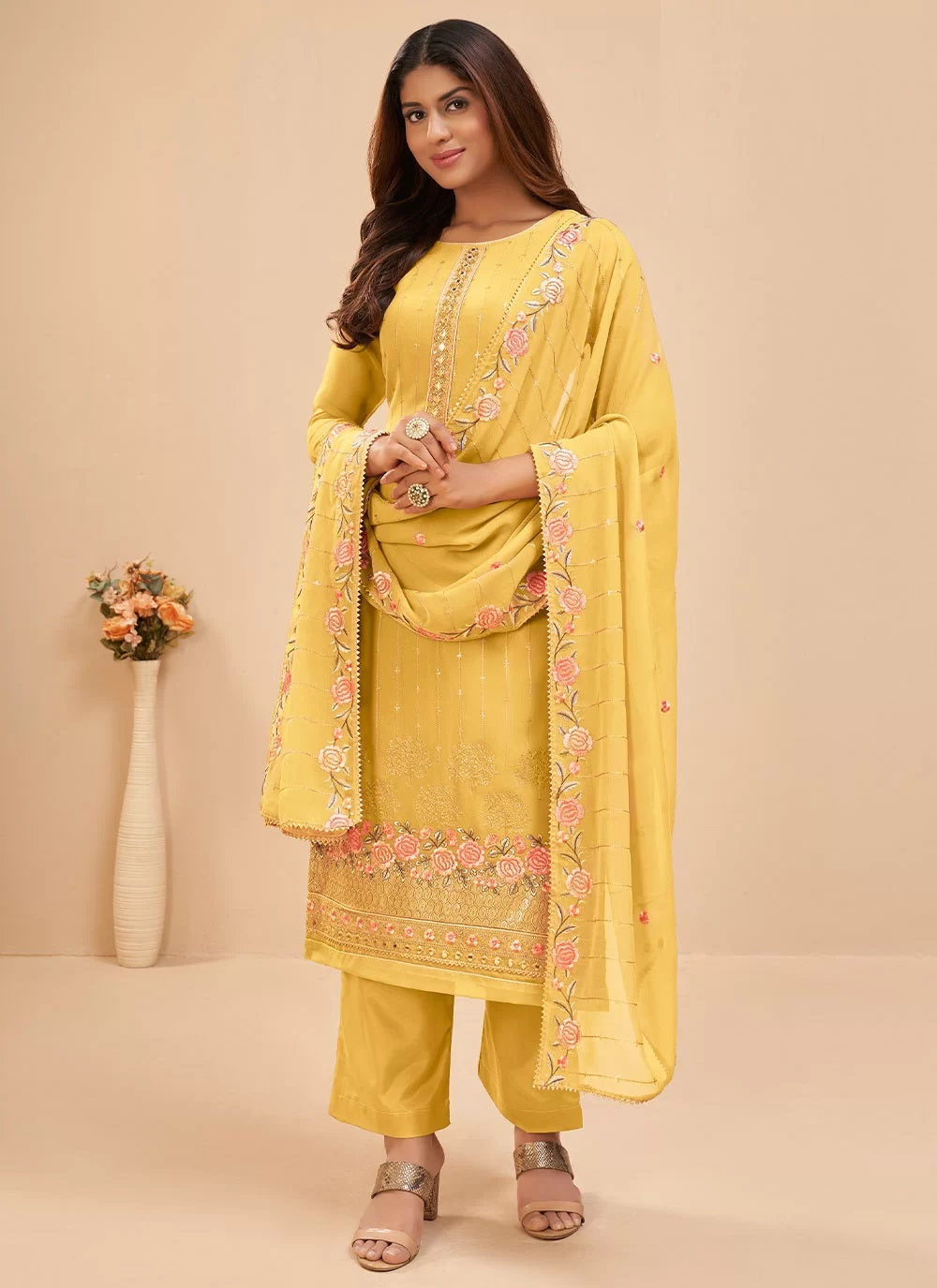 Yellow Sequins And Zari embroidery Pakistani Palazzo Suit