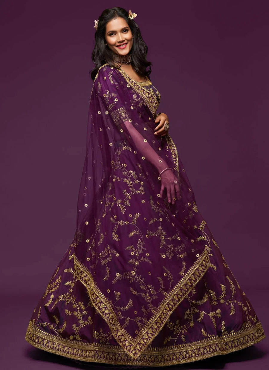 Zari and Sequins Embroidered Wedding Lehenga In Purple