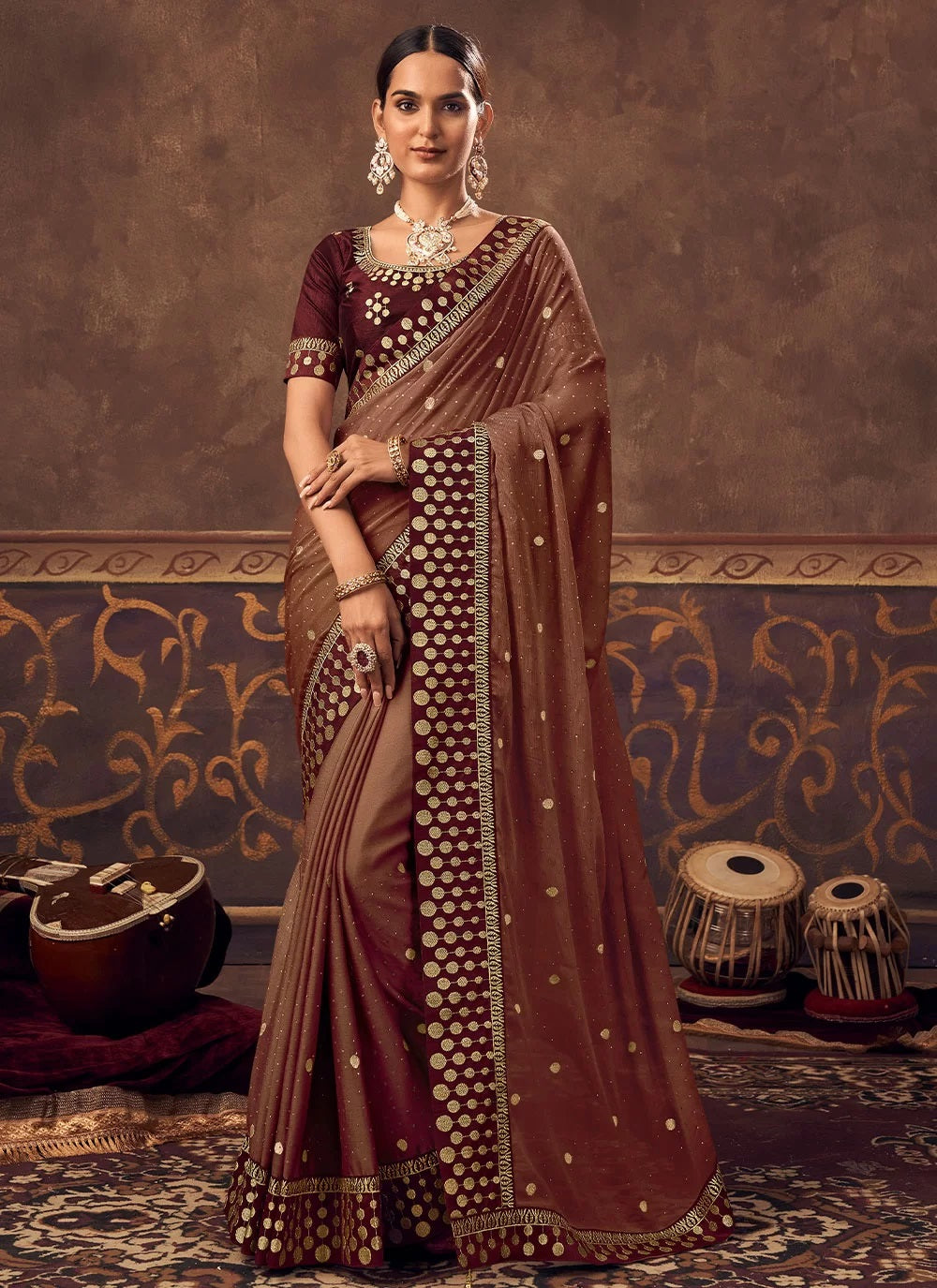 Zari Embroidery and Stone Work Saree In Brown Color